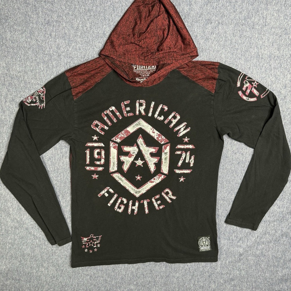 American Fighter Mens Large Hooded Long Sleeve Graphic T-Shirt Black Red Buckle
